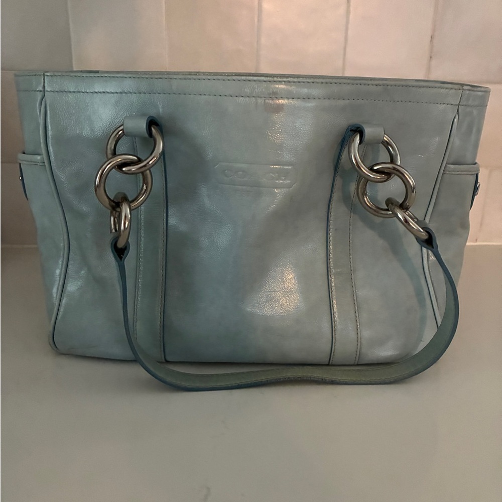 Coach East West Ice Blue Patent Leather Gallery Tote